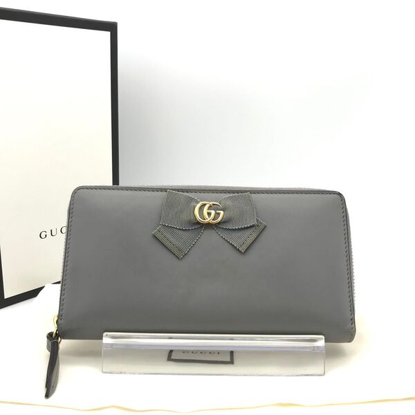 正規品 美品 グッチ財布 グッチ長財布 ggマーモント グッチリボン ラウンドファスナー GUCCI