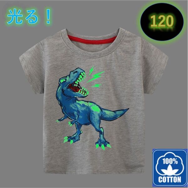 光る!蓄光Tシャツ 新品 グレー 120㎝ 恐竜 キッズ 半袖 コットン Tシャツ キッズ プリント