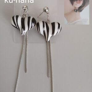 No.70ゼブラ柄ハートシルバーピアス(イヤリング変更無料)ハンドメイド