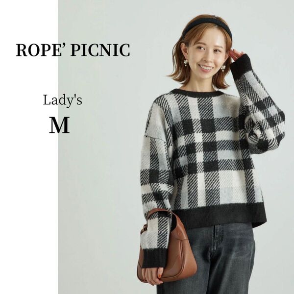 ロペピクニック*ビックチェックニットプルオーバー 長袖ニット チェック柄 黒 M 長袖ニット セーター ブラック