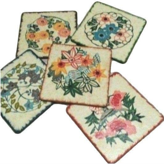 【未使用品】和紙民芸品 趣のある和風花柄コースター5枚 壁に飾ってインテリアにも最適!昭和レトロ