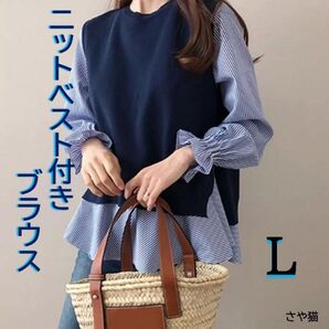 KNS04 ニットベスト付き ブラウス レイヤード 2点セット ストライプ L