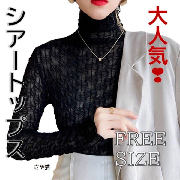 Kst04 シアートップス 透け感 シースルー 重ね着 タートルネック ブラック