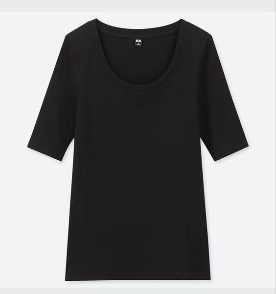 UNIQLO ユニクロ リブUネックT(5分袖) 半袖 Tシャツ 黒 リブ トップス シンプル