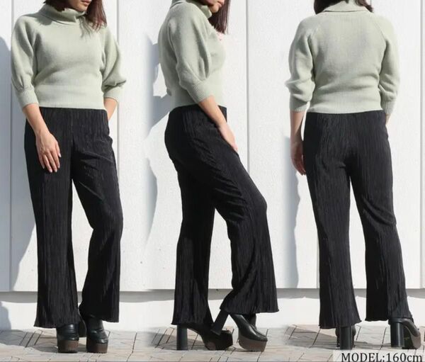 クラシカルエルフ サテンプリーツワイドパンツ イージーパンツ ブラック ウエストゴム 裏地付き メロウ