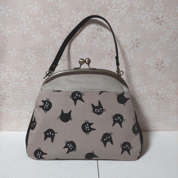 0216黒猫顔 がま口 バッグ ハンドメイド