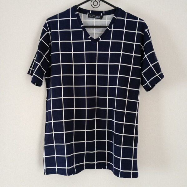 OUT AGE ネイビー チェック柄 Tシャツ