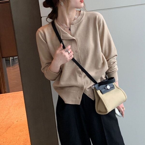 フリーサイズ 春 カーディガン ニット 長袖 羽織 Uネック 冷房対策 ベージュ