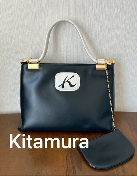 Kitamuraキタムラ レザーハンドバッグ ネイビー ホワイト お洒落 高級感