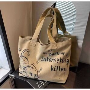 カジュアル ネコ柄 大容量 キャンバス トートバッグ レディース カーキ
