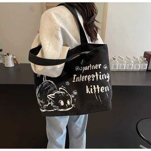 キャンバス カジュアル 大容量 トートバッグ レディース ねこ柄 ブラック