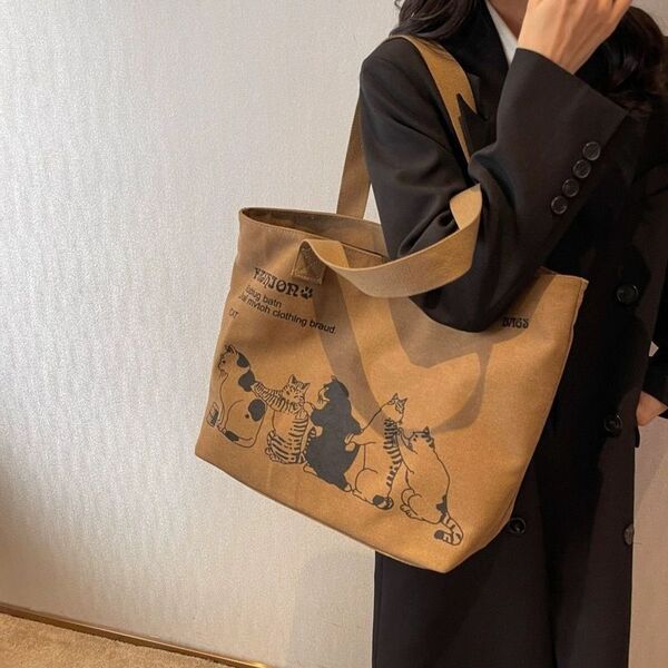 ネコ柄 キャンバス 帆布 トートバッグ 裏地あり かた掛け 猫柄