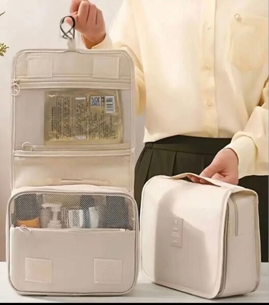 新品1個 大容量 壁掛け可能 化粧ポーチ小物収納インナーの整理★レディース メンズ ベージュ トラベルポーチ 旅行 外泊に★マスク