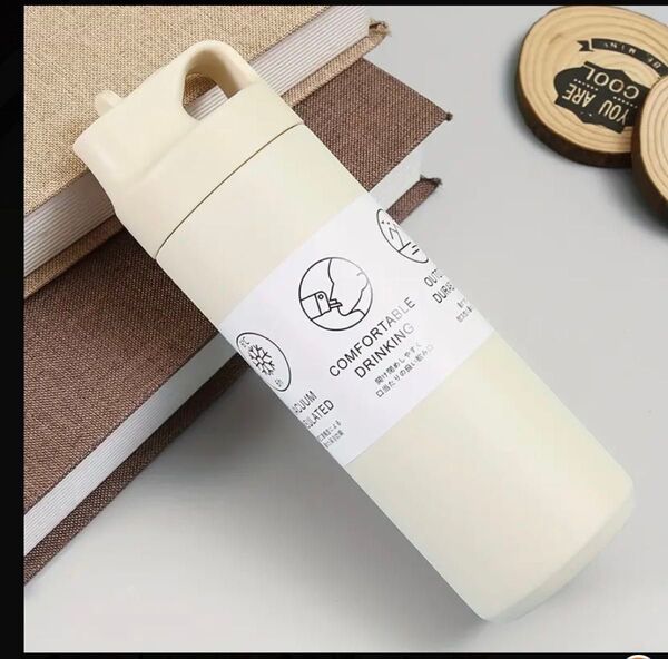 新品 保冷保温 ステンレスボトル 550ml ワンタッチストロー直飲み(アイボリー) ★新品 除菌ジェル 1本★洗えるマスク付き