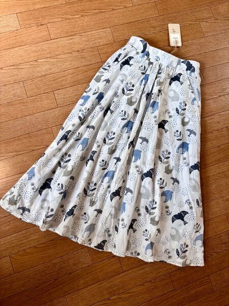 新品 emago イマゴ 鳥と葉っぱ 木の実 柄 ロングスカート 小鳥 北欧 ノルディック
