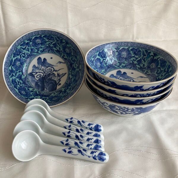 【新品未使用】三洋陶器 龍峰窯 山水緑彩牡丹 ラーメン鉢 レンゲ付 五客揃