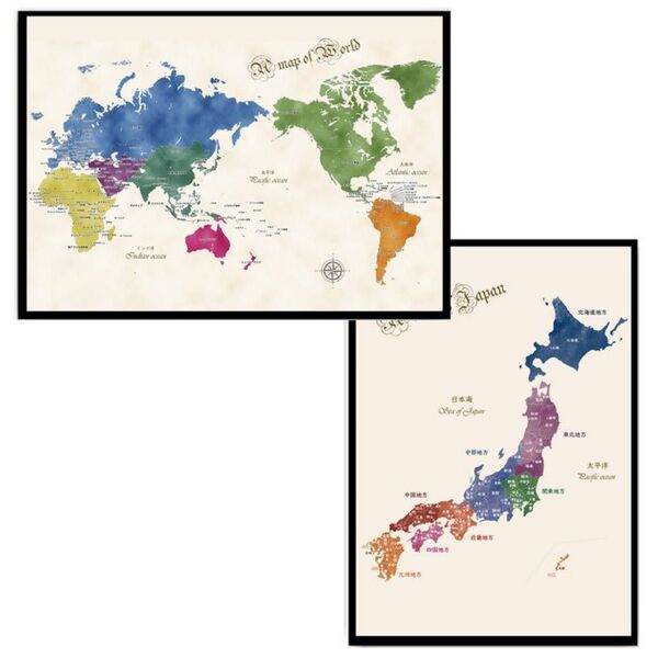 日本地図 世界地図 A3 アンティーク 2枚セット