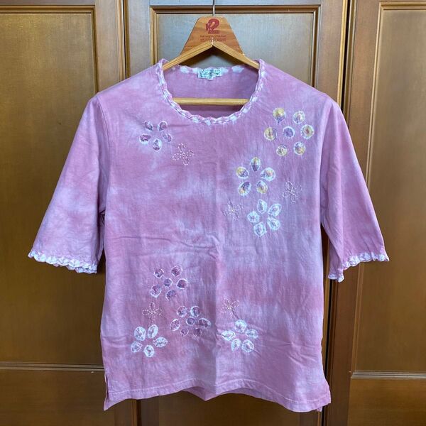 ピンクパープル ミセス・レディース 丸首半袖Tシャツ/綿100% M〜L