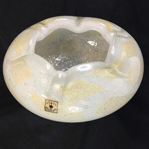 IWATA GLASS 気泡入りガラス　オブジェ　金彩昭和レトロ　美術　花器　菓子鉢　オブジェ vintage glass bowl with gold flecks