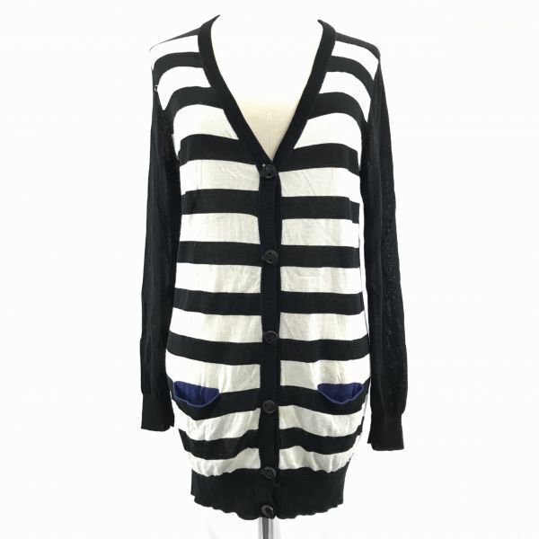 ランバン オン ブルー/LANVIN en Bleu★ロングカーディガン【38/レディースM/黒×青/ボーダー柄/】リブ袖◆BA742L