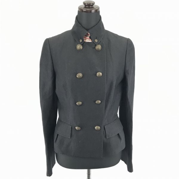 日本製★三陽商会/エポカ/EPOCA★麻/リネン/シルク使用ダブルジャケット【40/Women's size -M-L/黒】襟飾り/フラップポケット/◆BA948W