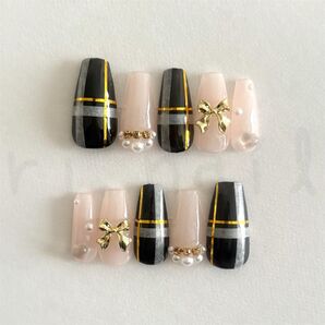 ネイルチップ現品 フレンチガーリー ワンホン 韓国 量産型 推し活 ハート リボン シアー ブラック チェック ゴールド