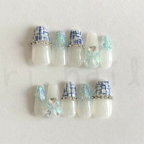 ネイルチップ現品 フレンチガーリー ワンホン 量産型 推し活 ハート リボン ブルー 青 ツイードチェック 氷ネイル オーロラ