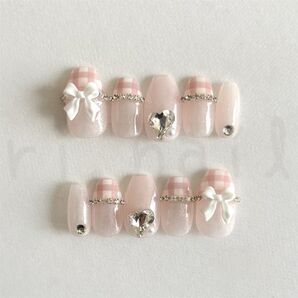 ネイルチップ現品 フレンチガーリー ワンホン 韓国 量産型 推し活 ハート リボン ピンク ギンガムチェック