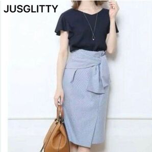 JUSGLITTY ジャスグリッティー 巻き風リボンタイトスカート ストライプ 日本製 ブルー ホワイト 青 白