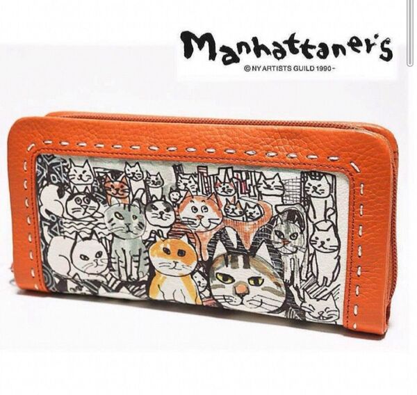 マンハッタナーズ 猫 ネコ ラウンドファスナー 長財布 財布 新品 未使用 レザー 本革 ネコ柄 猫柄