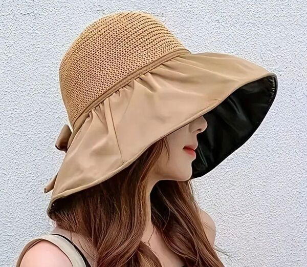 新品未使用 つば広帽子 麦わら帽子 夏 UVカット ベージュ 紫外線対策 春