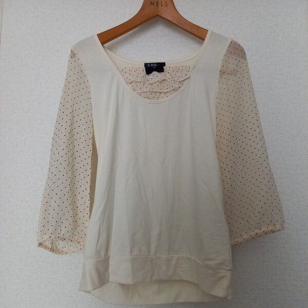 レディースブラウス C.D.S BASIC カットソー シフォン袖 七分袖 ドット柄 リボン フリル ベージュ Mサイズ