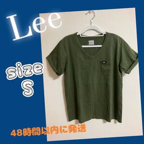 Lee VネックTシャツ 刺繍ロゴ付きポケット カーキ sizeS