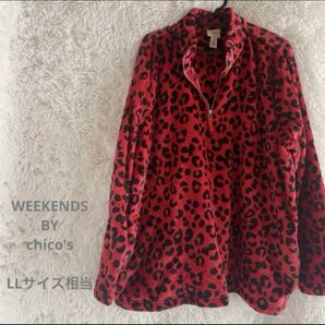 【ウィークエンドチコ】派手可愛いハーフジップ個性派手レオパード 長袖フリース アメカジ 古着 総柄 レッド LL メンズS M