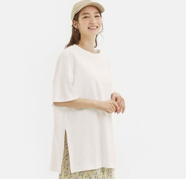 GU レディース Tシャツ 無地 ビッグ スリット 白 チュニック S