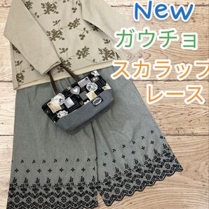 新品 SALE ガウチョ パンツ スカラップ レース 千鳥格子 黒 ゴム ひも 春夏 ワイドパンツ 綿麻 コットン リネン