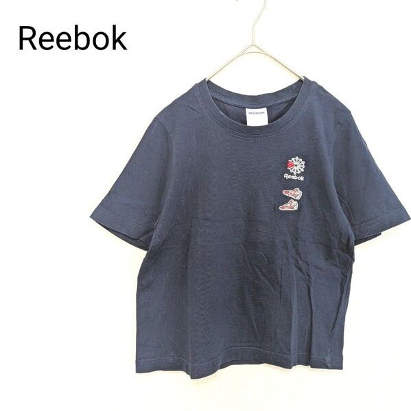 Reebok リーボック ロゴ刺繍 半袖 Tシャツ ネイビー L