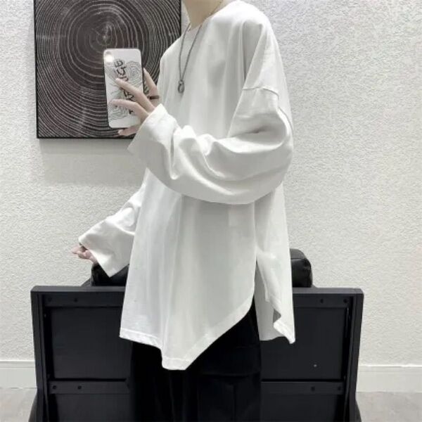 裾変形デザイン トップス 長袖 ロング Tシャツ メンズ 韓国 シンプル 無地 白