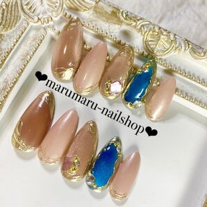 ネイルチップ オーダー ベージュ ブルー マグネット 宝石デザイン
