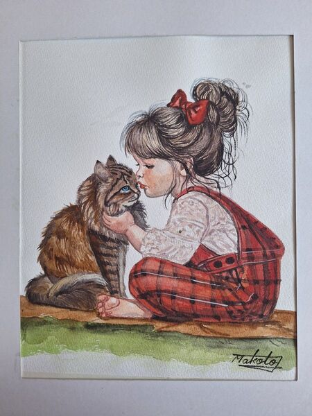 水彩画 Girl&Cat