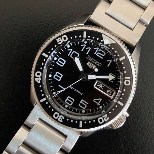 SEIKO5 ビンテージ ムーブメント ケース補修交換 メンズ腕時計 自動巻き ブラック 37mm 日本語ブラックカレンダー