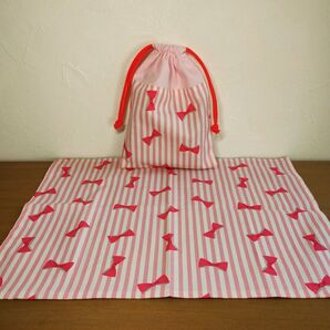 リボンプリント 給食セット ピンク ハンドメイド