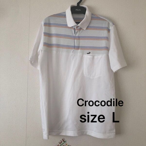 ポロシャツ メンズ L Crocodile ホワイト系 トップス カジュアル 春 夏 秋 y94