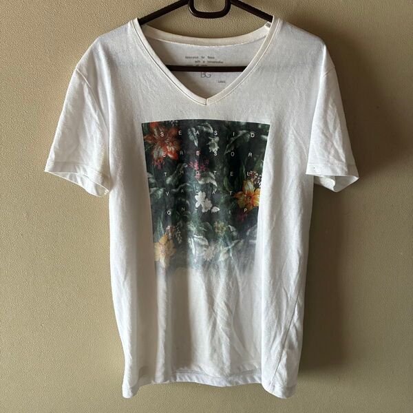BG VネックTシャツ 花柄 ホワイト メンズ
