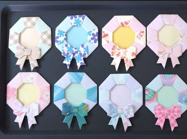 46★8個★リボン付メダル★ロゼット デザインペーパー ハンドメイド 折り紙メダル
