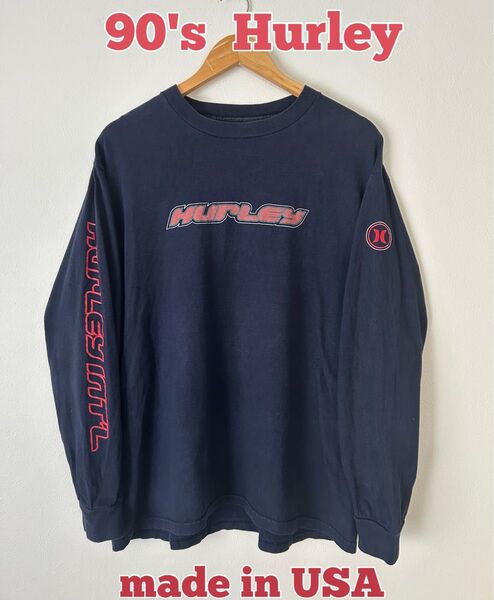 Hurley ロンT 長袖カットソー ネイビー 袖プリント 90's 00's 古着 USA製