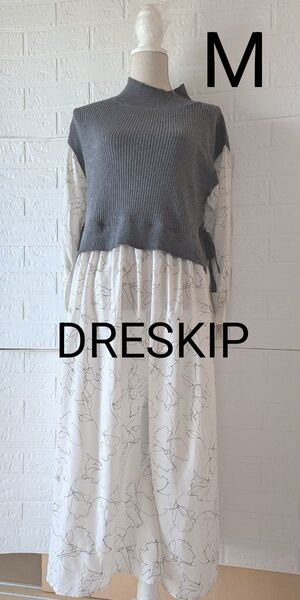 【試着のみ】DRESKIP ドレスキップ ワンピース 花柄 グレー ホワイト Mサイズ