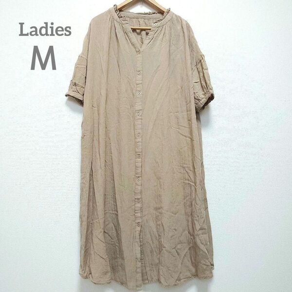 A518 ワンピース ロング シャツワンピース ベージュ 半袖 M シャツ