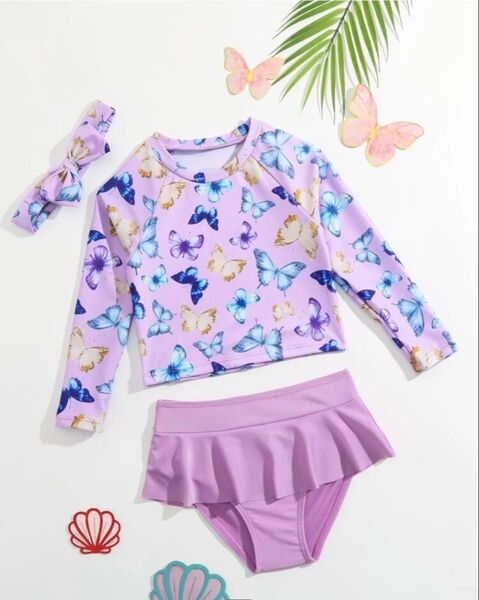 新品キッズ水着女の子100cm レディースラッシュガード長袖水着 花柄セパレート