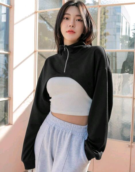 SHEIN DAZY ジップアップ スーパークロップ スウェットシャツ ドロップショルダー
